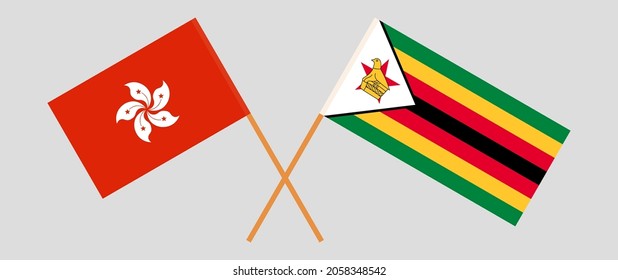 Crossed flags of Hong Kong and Zimbabwe. Official colors. Correct proportion