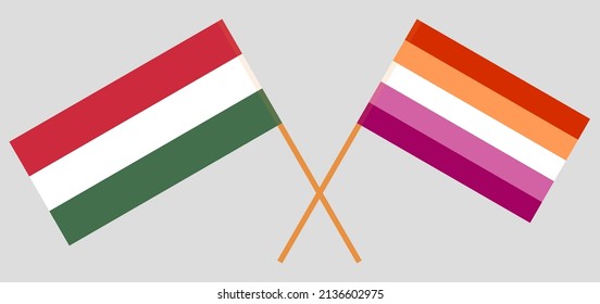 Crossed flags of Hungary and Lesbian Pride. Official colors. Correct proportion. Vector illustration