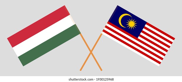Crossed flags of Hungary and Malaysia. Official colors. Correct proportion