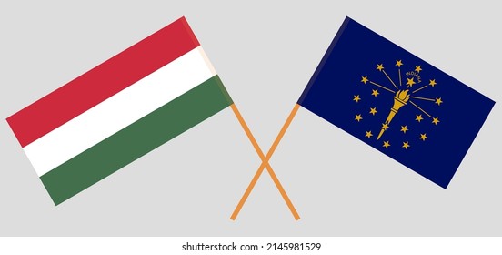 Crossed flags of Hungary and the State of Indiana. Official colors. Correct proportion. Vector illustration
