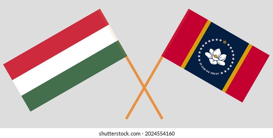 Crossed flags of Hungary and the State of Mississippi. Official colors. Correct proportion