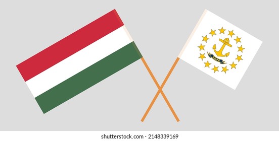 Crossed flags of Hungary and the State of Rhode Island. Official colors. Correct proportion. Vector illustration
