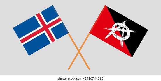 Crossed flags of Iceland and anarchy. Official colors. Correct proportion. Vector illustration
