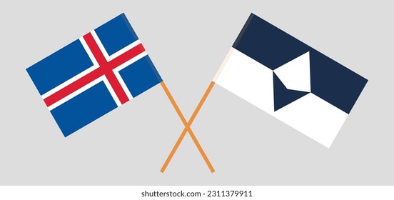 Crossed flags of Iceland and Antarctica. Official colors. Correct proportion. Vector illustration
