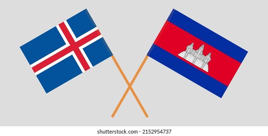 Crossed flags of Iceland and Cambodia. Official colors. Correct proportion. Vector illustration
