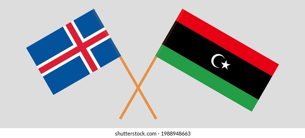 Crossed flags of Iceland and Libya. Official colors. Correct proportion