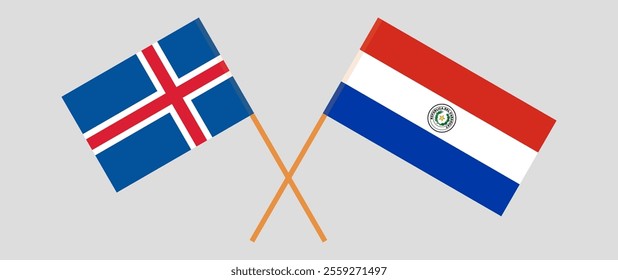 Crossed flags of Iceland and Republic of Paraguay. Official colors. Correct proportion. Vector illustration.
