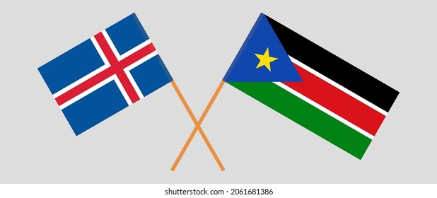 Crossed flags of Iceland and South Sudan. Official colors. Correct proportion
