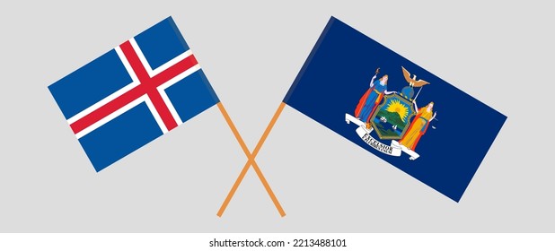 Crossed flags of Iceland and The State of New York. Official colors. Correct proportion. Vector illustration
