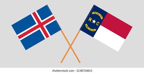 Crossed flags of Iceland and The State of North Carolina. Official colors. Correct proportion. Vector illustration