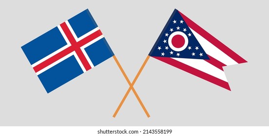 Crossed flags of Iceland and the State of Ohio. Official colors. Correct proportion. Vector illustration
