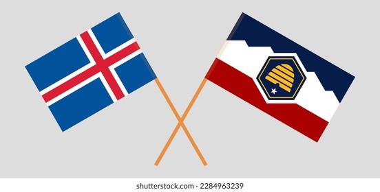 Crossed flags of Iceland and The State of Utah. Official colors. Correct proportion. Vector illustration