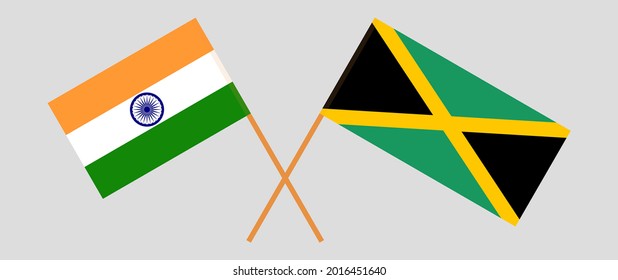 Crossed flags of India and Jamaica. Official colors. Correct proportion