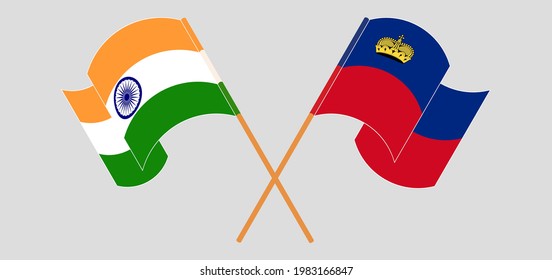 Crossed flags of India and Liechtenstein. Official colors. Correct proportion