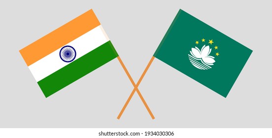 Gekreuzte Flaggen von Indien und Macau. Offizielle Farben. Richtiger Anteil
