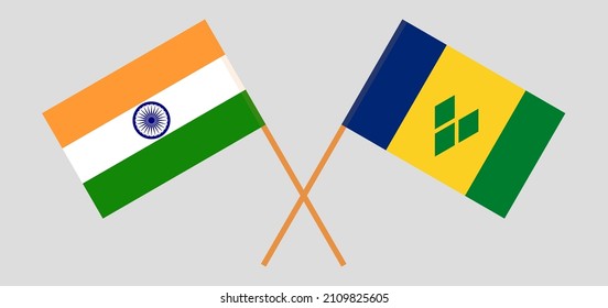 Crossed flags of India and Saint Vincent and the Grenadines. Official colors. Correct proportion. Vector illustration
