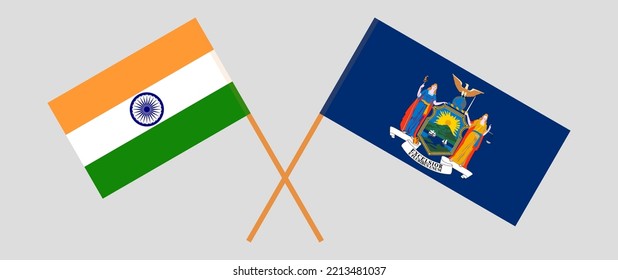 Crossed flags of India and The State of New York. Official colors. Correct proportion. Vector illustration
