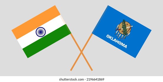 Banderas cruzadas de la India y el estado de Oklahoma. Colores oficiales. Proporción correcta. Ilustración del vector
