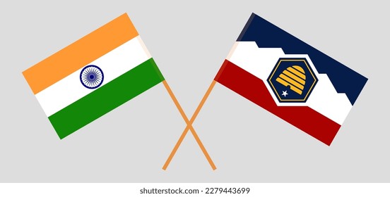 Crossed flags of India and The State of Utah. Official colors. Correct proportion. Vector illustration