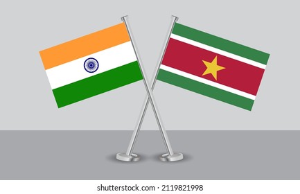 Crossed flags of India and Suriname. Official colors. Correct proportion. Banner design