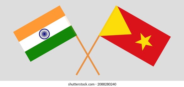 Gekreuzte Flaggen von Indien und Tigray. Offizielle Farben. Richtiger Anteil. Vektorgrafik
