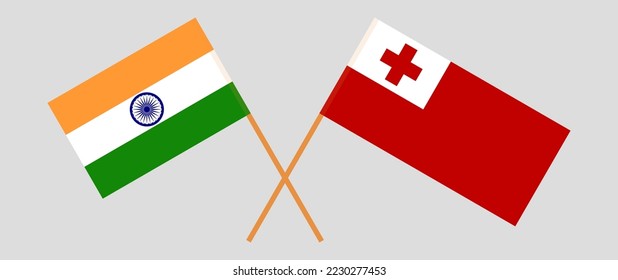 Crossed flags of India and Tonga. Official colors. Correct proportion. Vector illustration
