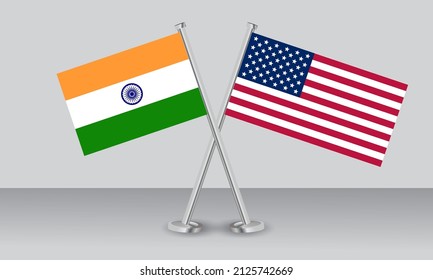 Crossed flags of India and United State of America (USA). Official colors. Correct proportion. Banner design