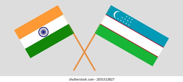 Crossed flags of India and Uzbekistan. Official colors. Correct proportion