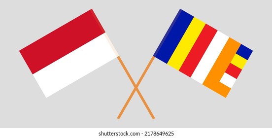 Crossed flags of Indonesia and Buddhism. Official colors. Correct proportion. Vector illustration
