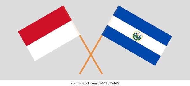 Crossed flags of Indonesia and El Salvador. Official colors. Correct proportion. Vector illustration
