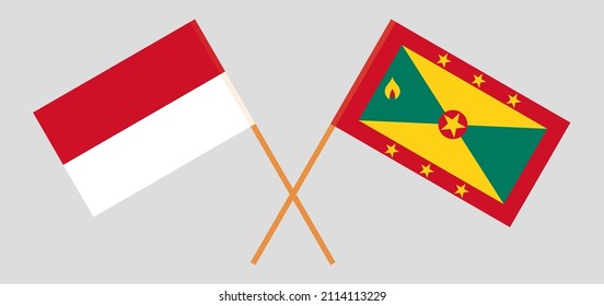 Gekreuzte Flaggen von Indonesien und Grenada. Offizielle Farben. Richtiger Anteil. Vektorgrafik
