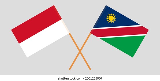 Gekreuzte Flaggen Indonesiens und Namibias. Offizielle Farben. Richtiger Anteil
