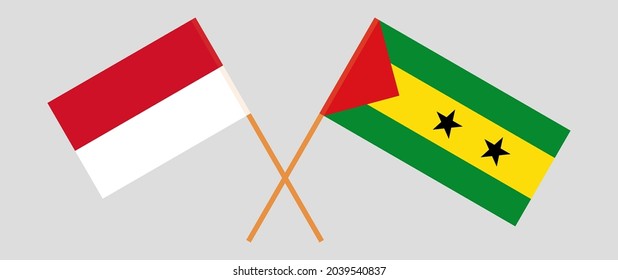 Crossed flags of Indonesia and Sao Tome and Principe. Official colors. Correct proportion
