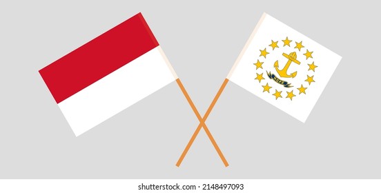 Crossed flags of Indonesia and the State of Rhode Island. Official colors. Correct proportion. Vector illustration
