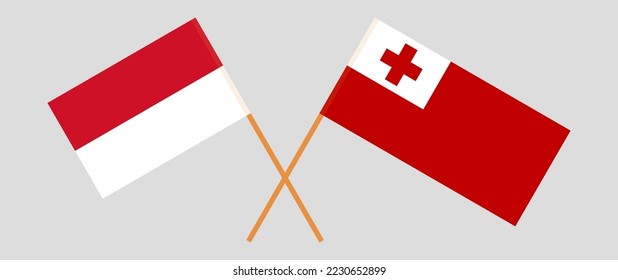 Crossed flags of Indonesia and Tonga. Official colors. Correct proportion. Vector illustration
