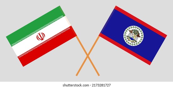 Banderas cruzadas de Irán y Belice. Colores oficiales. Proporción correcta. Ilustración del vector
