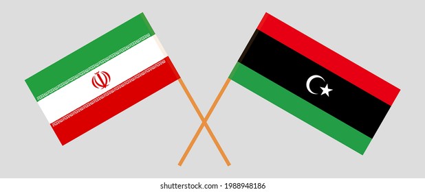 Crossed flags of Iran and Libya. Official colors. Correct proportion
