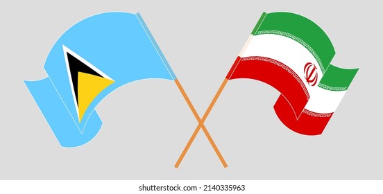 Überquerte Flaggen von Iran und Saint Lucia. Offizielle Farben. Richtiger Anteil. Vektorgrafik

