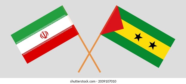 Crossed flags of Iran and Sao Tome and Principe. Official colors. Correct proportion