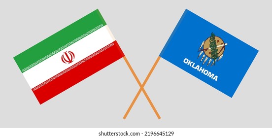 Banderas cruzadas de Irán y el estado de Oklahoma. Colores oficiales. Proporción correcta. Ilustración del vector

