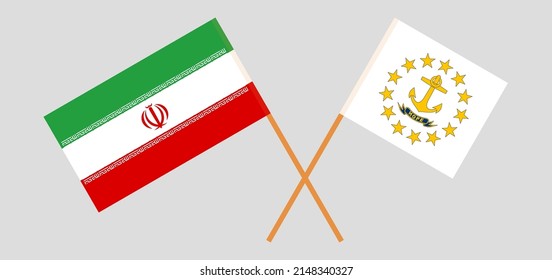 Crossed flags of Iran and the State of Rhode Island. Official colors. Correct proportion. Vector illustration
