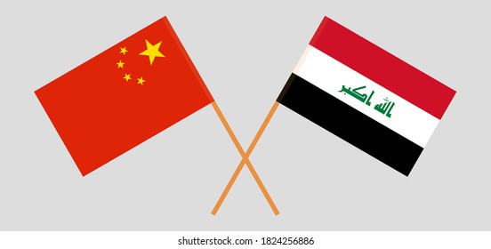 Crossed flags of Iraq and China. Official colors. Correct proportion. Vector illustration