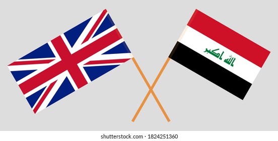 Crossed flags of Iraq and UK. Official colors. Correct proportion. Vector illustration
