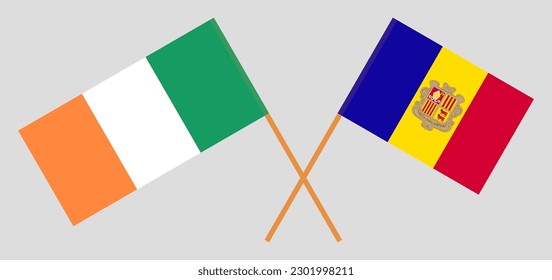 Crossed flags of Ireland and Andorra. Official colors. Correct proportion. Vector illustration
