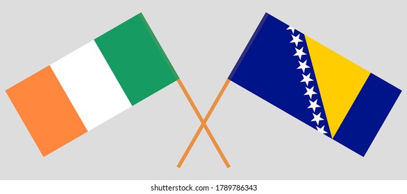 Crossed flags of Ireland and Bosnia and Herzegovina. Official colors. Correct proportion. Vector illustration
