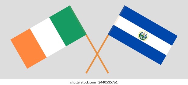 Crossed flags of Ireland and El Salvador. Official colors. Correct proportion. Vector illustration
