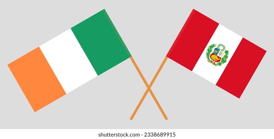 Crossed flags of Ireland and Peru. Official colors. Correct proportion. Vector illustration
