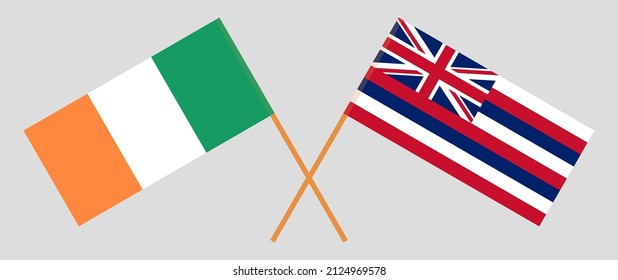 Crossed flags of Ireland and The State Of Hawaii. Official colors. Correct proportion. Vector illustration
