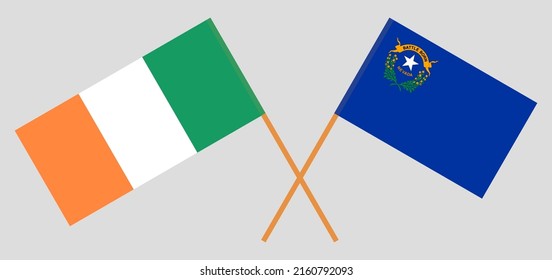 Crossed flags of Ireland and The State of Nevada. Official colors. Correct proportion. Vector illustration
