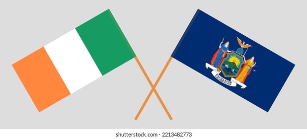 Crossed flags of Ireland and The State of New York. Official colors. Correct proportion. Vector illustration
